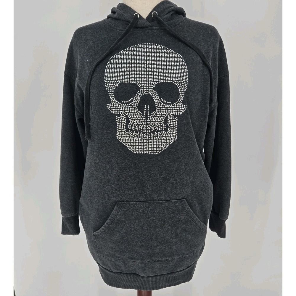 Boundaries Rhinestone Skull Hoodie Oversized Womens XS Gray Y2K Goth Grunge Hole